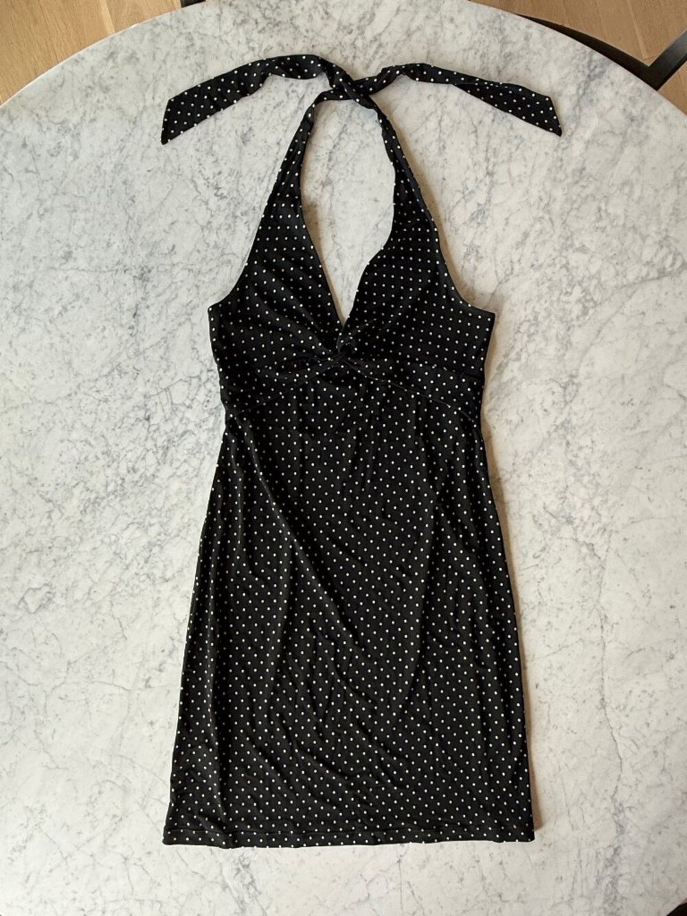 BCBGMAXAZRIA Halter Jersey Dress Large Black Polka Dot Pinup Made USA